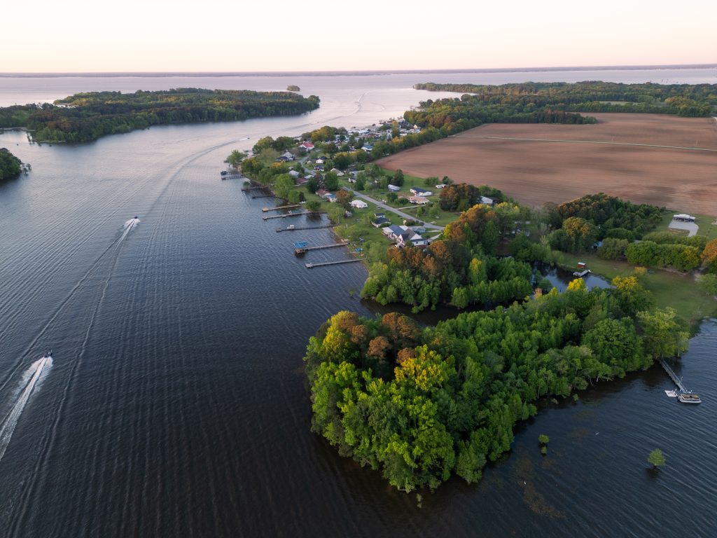 View the 2025 Carolinas Bass Challenge tournament schedule above. Drone shot above Santee Cooper, South Carolina.